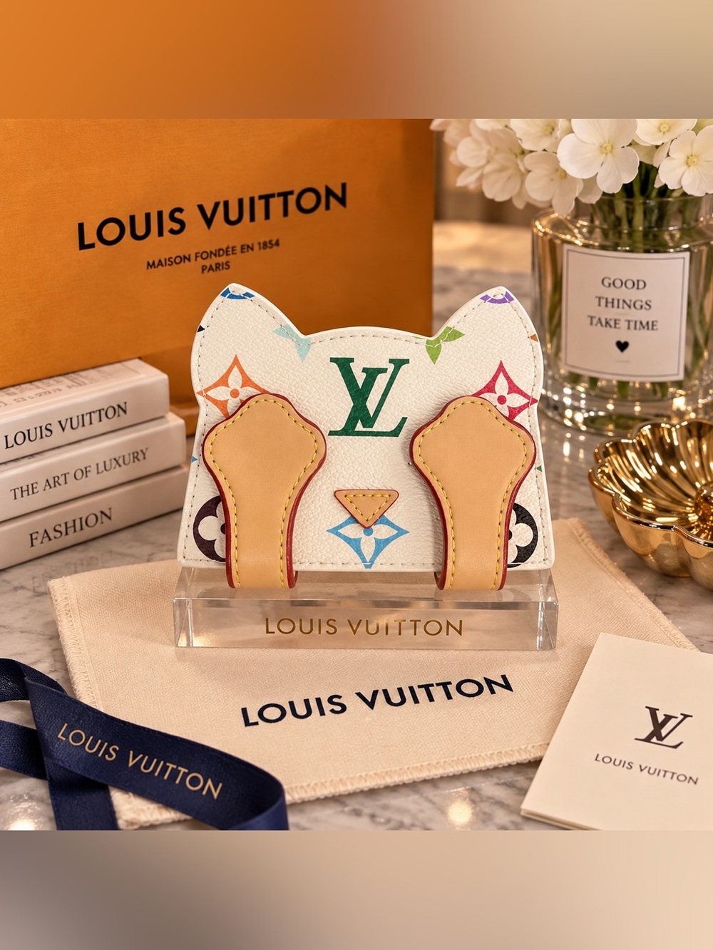 White Multicolor Monogram Cat-Ear Card Holder with Tan Accents